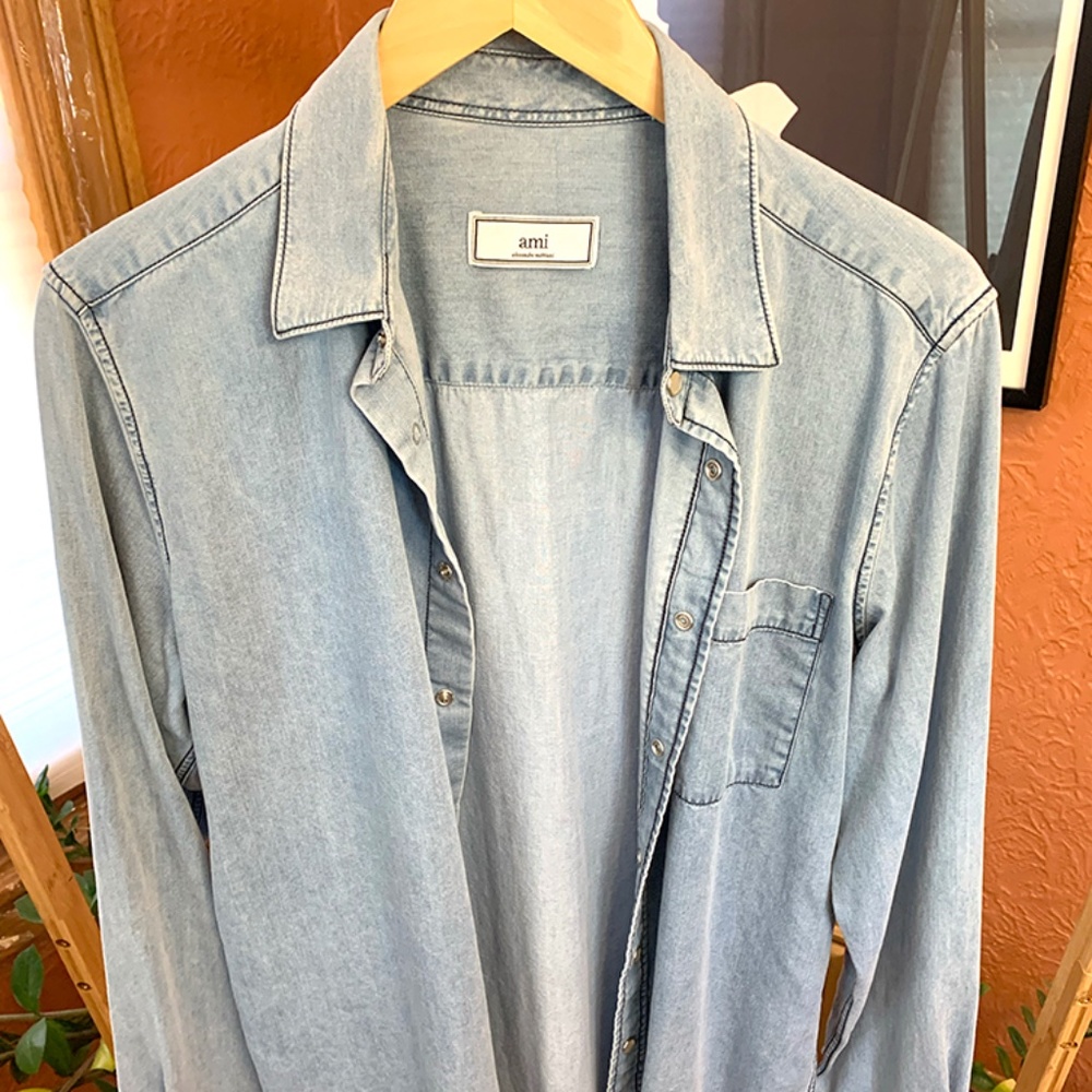 AMI mens soft denim shirt with snaps light blue